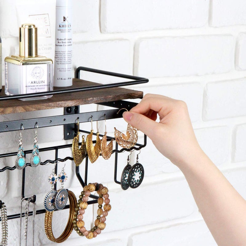J JACKCUBE DESIGN JackCubeDesign Hanging Jewelry Organizer with 9 Hooks, Wall Mount Necklace Earring Bracelet Sunglass Holder with Torched Wood Shelf (Black Metal) - MK237C - Image 4